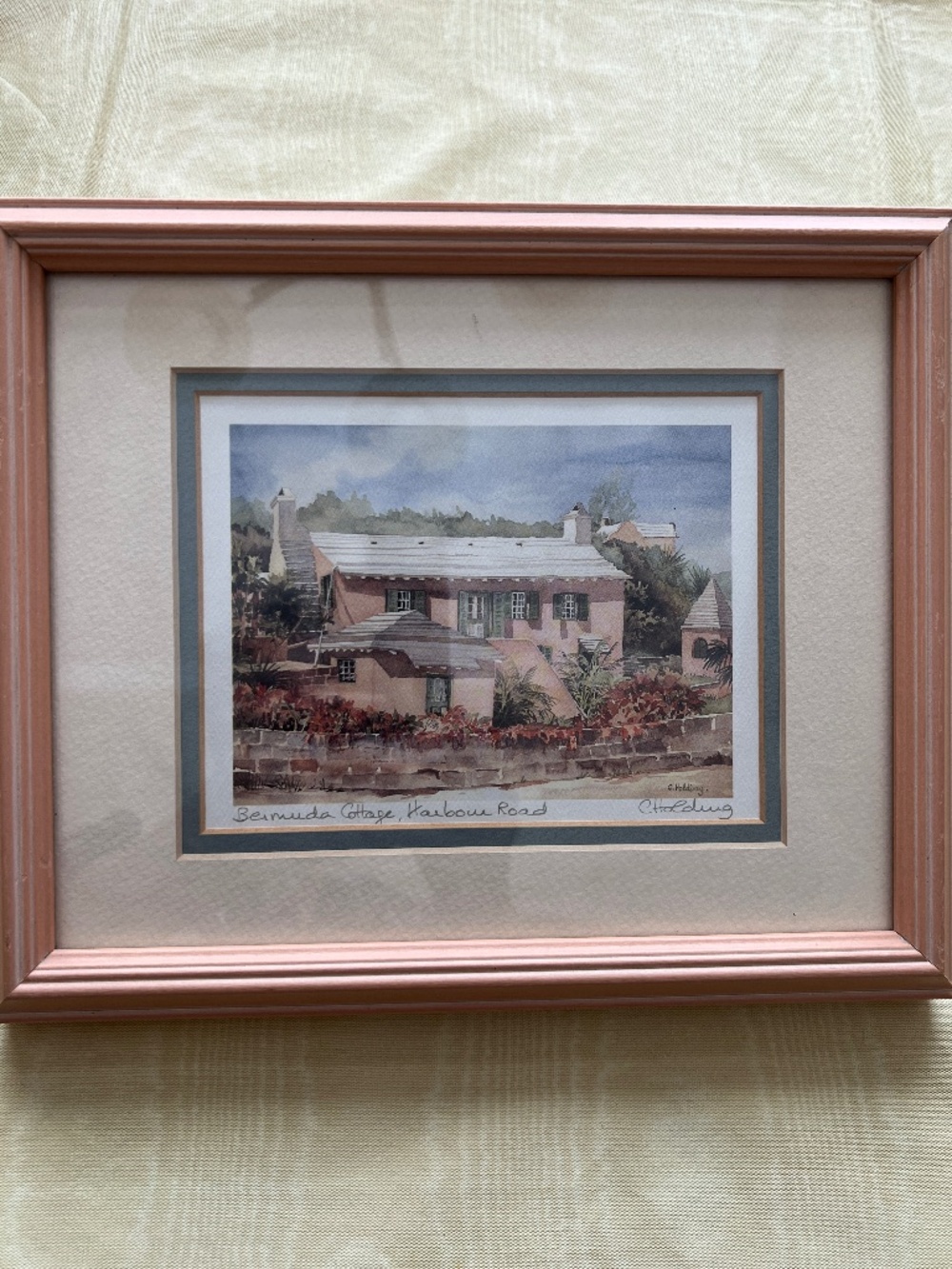 C. Holding Watercolor print, Bermuda Cottage, 11 x 9 Framed, Matted and Signed
